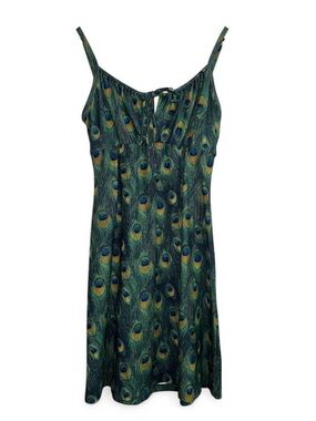 Manx Peacock Print Green Dress Size L